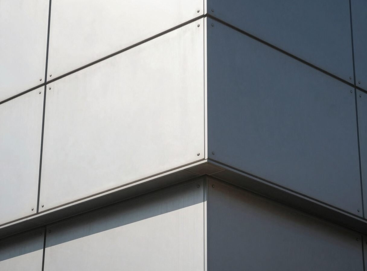 ACP elevation panel corner with flush joints in strong daylight