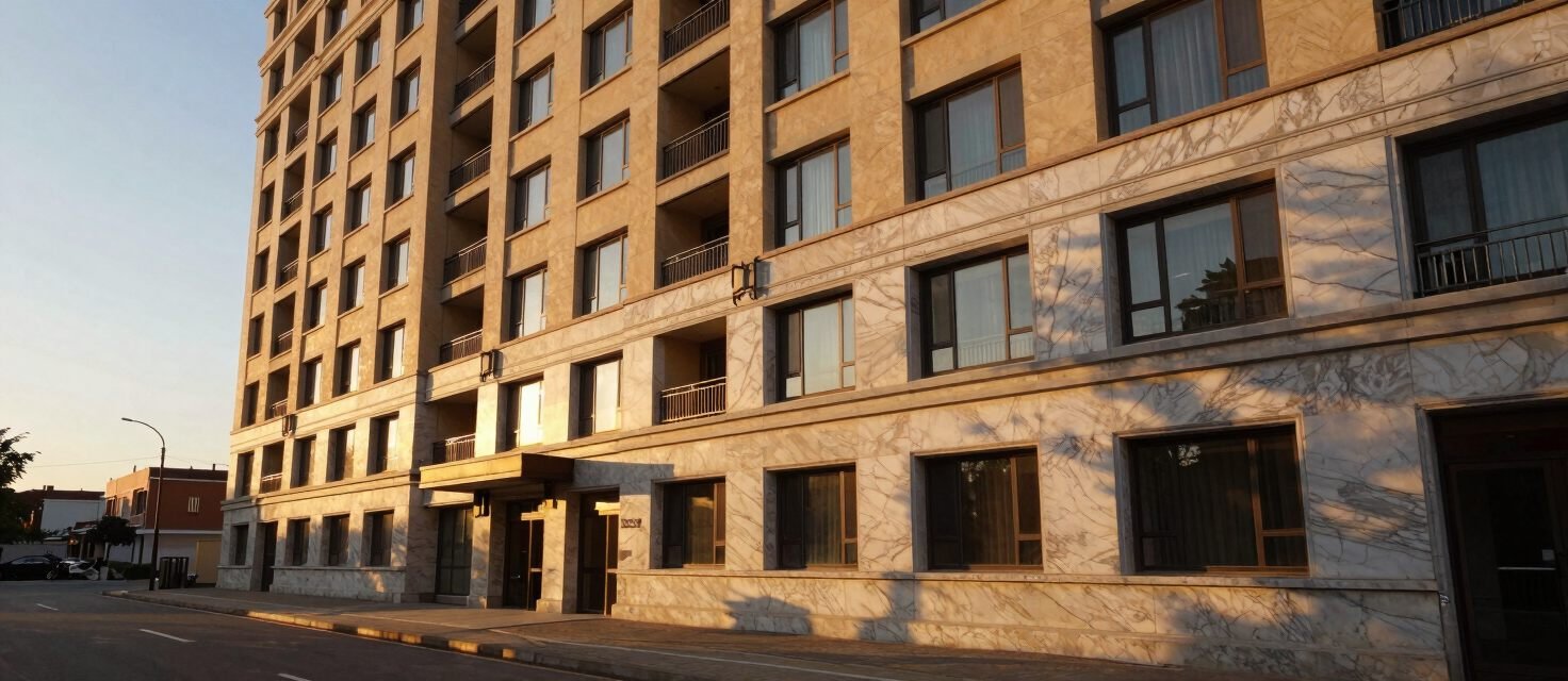 Marble clad residential tower at golden hour, full elevation seen from the street